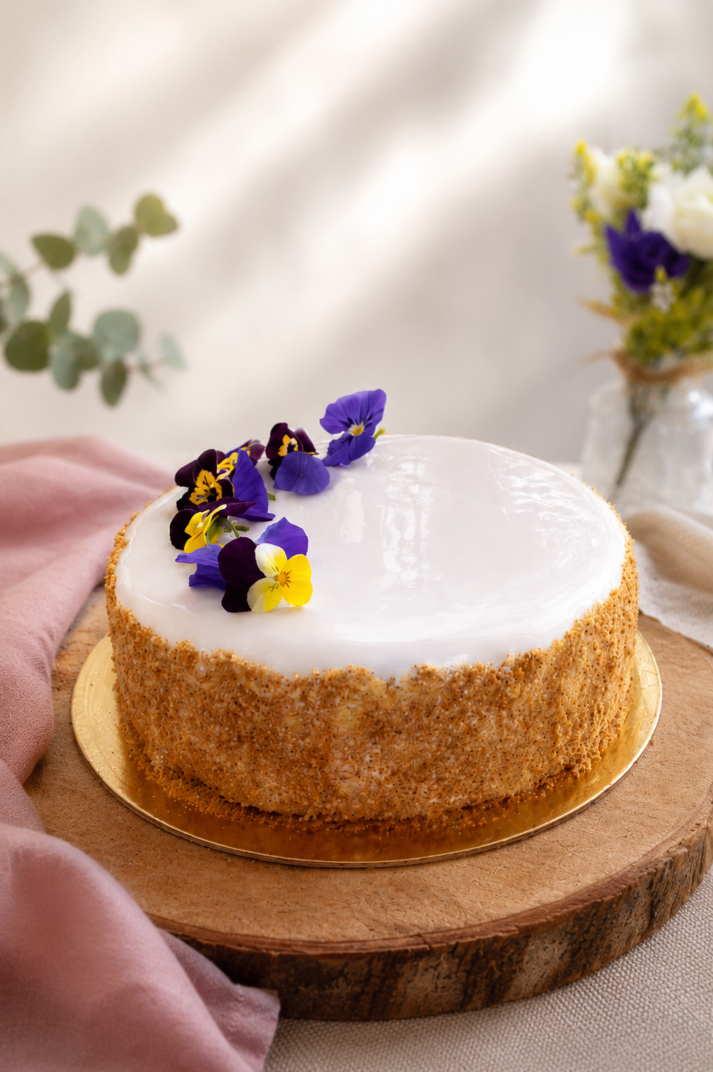 Pastel artesanal decorado con flores comestibles