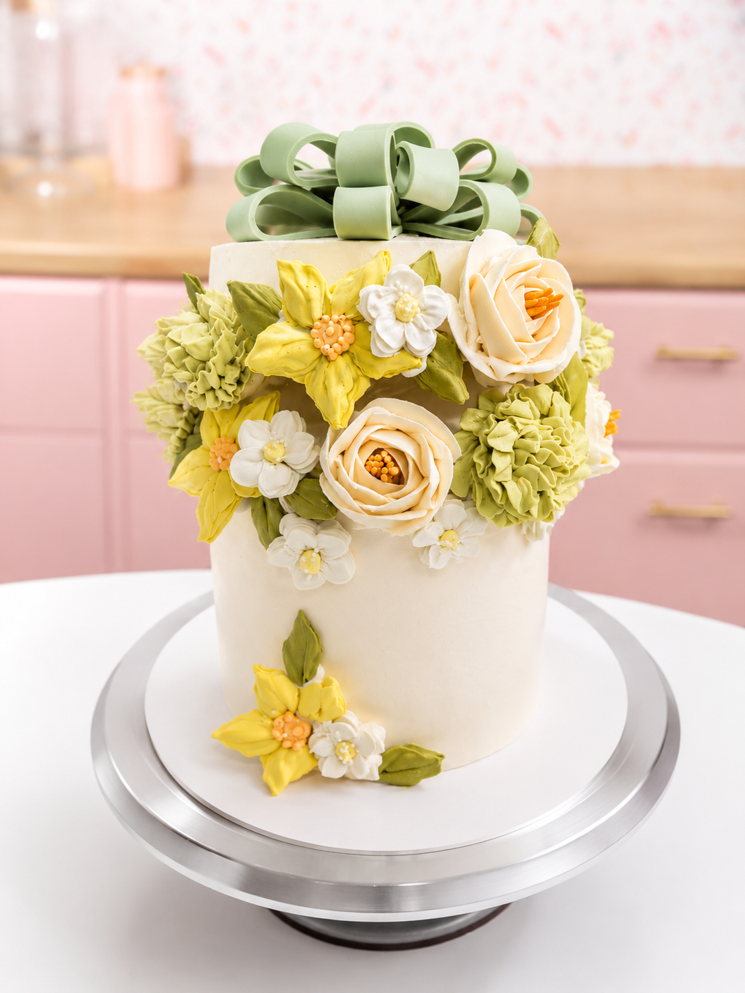 Torta de celebración decorada con flores comestibles